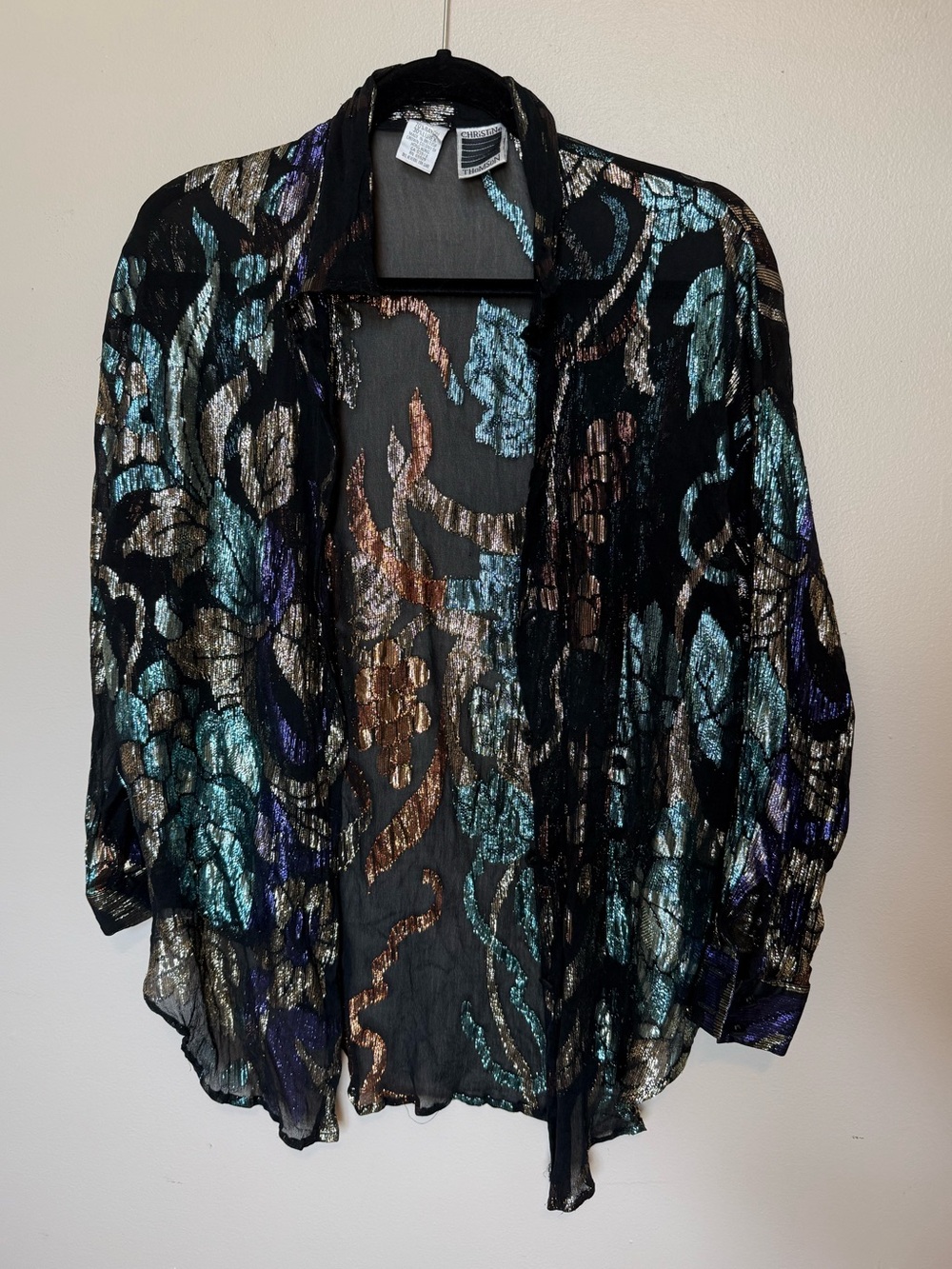 Vintage Lurex Metallic Black Sheer Blouse Multicolor Print Christine Thomson 4